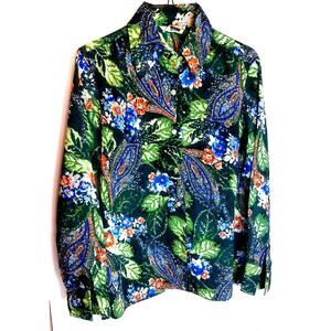 Vtg 70s Kmart Green Floral Paisley Long Sleeve Button Up Blouse Retro Size 36